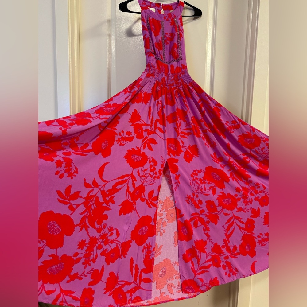 Abel The Label Pink/Red Floral Tie-Back Maxi Dress